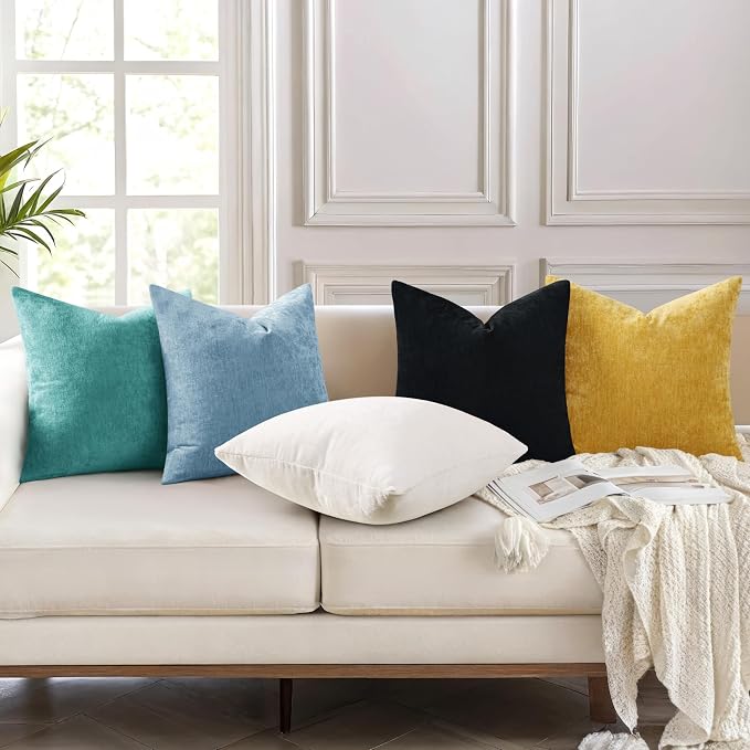 decorUhome Soft Chenille Turquoise Throw Pillow Covers 26X26 Set of 2 | Decorative Fall Couch Pillow Covers Solid Dyed Accent Modern Euro Sham Farmhouse Neutral Square Pillow Cases for Sofa