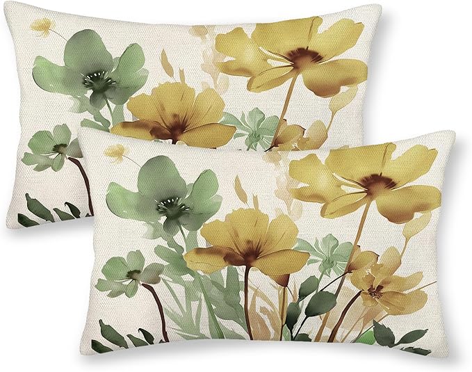 Floral Pillow Covers 12x20 Inch Set of 2 Sage Green Yellow Floral Throw Pillow Cover Outdoor Modern Spring Summer Flower Decor Pillowcase Farmhouse Decorative Lumbar Cushion Cover for Home Sofa