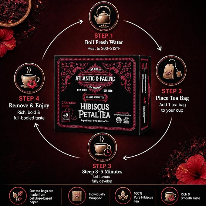 A&P Coffee Organic Hibiscus Tea Bags, 48 Count, Hibiscus Petal Herbal Tea, Naturally Caffeine Free, Rich in Vitamin C, Tart Cranberry Flavor, Hot or Iced Tea, Premium Herbal Infusion, Fresh Aroma