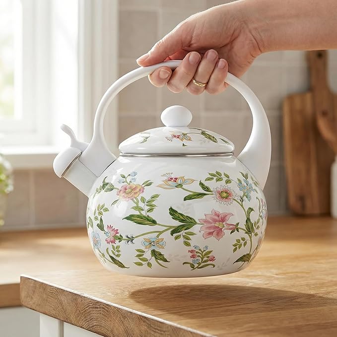 Jucoan 2.3 Quart Vintage Enamel Tea Kettle, Whistling Tea Kettle for Stove Top, Floral Enamel on Steel Teakettle Teapot for Home Kitchen Camping, Gift for Wedding Housewarming Mother's Day