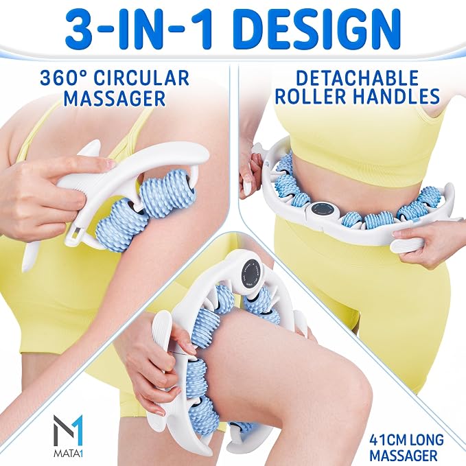 Cellulite Massage Roller - Handheld Fascia Massager for Legs, Thighs, Buttocks & Belly - Blue - Deep Tissue Massage Tool with Detachable Handles for Lymphatic Drainage & Muscle Recovery - by Mata1