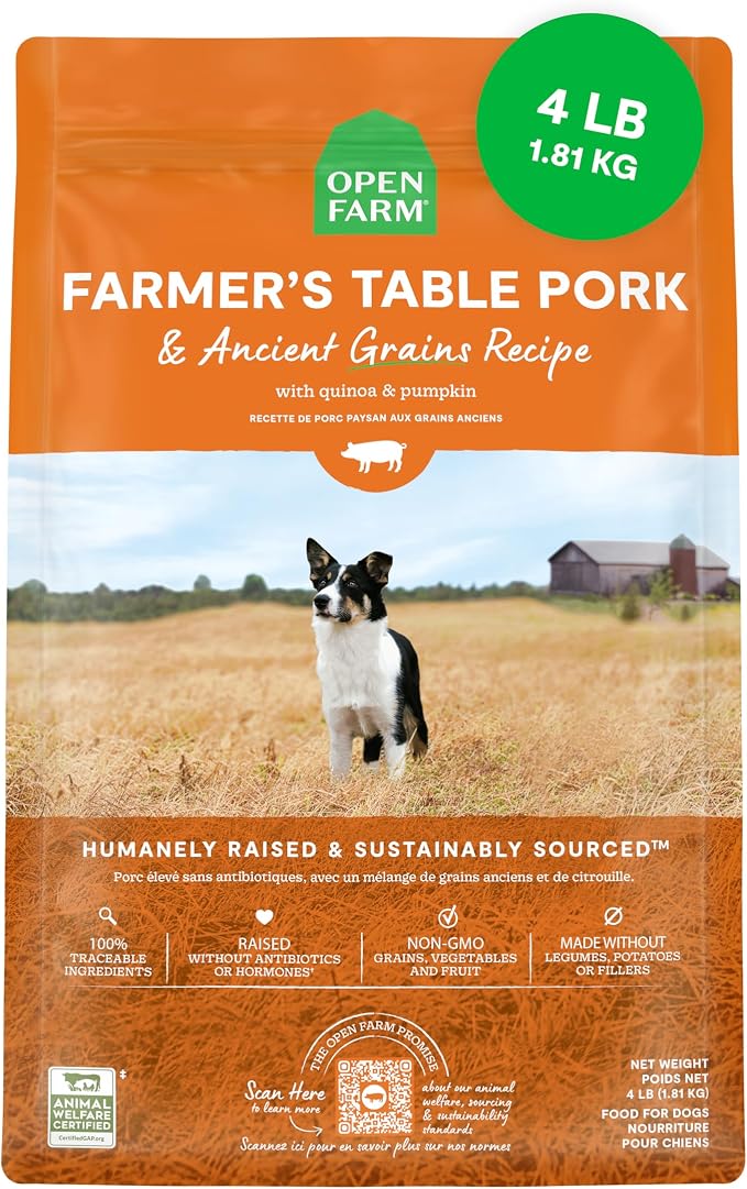 Open Farm Ancient Grains Dry Dog Food, Farmer's Table Pork Kibble, 4lb Bag | All Life Stages, All Breed Sizes, Protein-Rich & Nutrient Dense, 100% Traceable Ingredients, Non-GMO Fruits & Veggies.