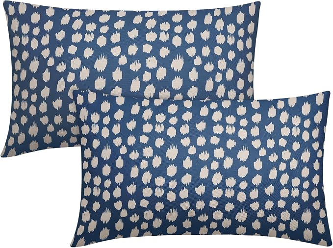 Blue Cream Dots Lumbar Pillow Covers 12x20 Set of 2 Boho Design Polka Dot Print Throw Pillows Modern Outdoor Decorative Pillowcase Rectangle Linen Cushion Cases Decor for Sofa Couch Bed