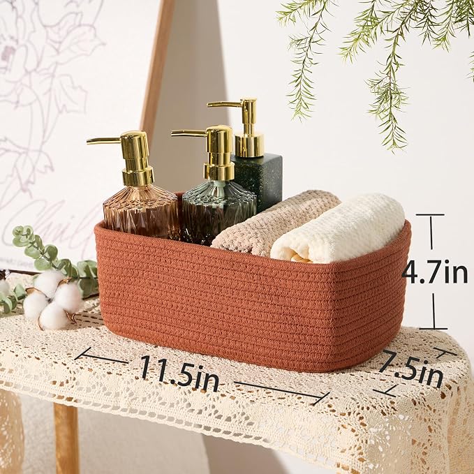 MiniArk Small Storage Baskets for Organizing | Closet Organizer Bins | Shelf Toy Basket | Woven Rope Baskets | Cube Decorative Box | Shallow Basket | 11.5x7.5x4.7” | 4 Packs Oxide Red