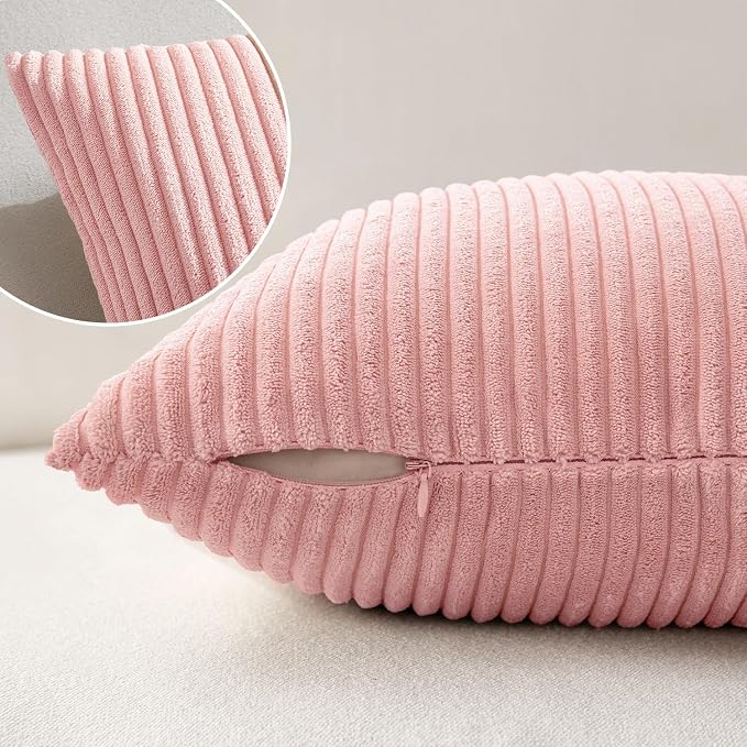 MIULEE Decorative Corduroy Throw Pillow Covers Set of 2 12x12 Pink | Soft Striped Textured Cushion Cases, Boho Square Lovely Cute Pillowcases, Home Decor for Couch Chair Sofa Bed Living Room