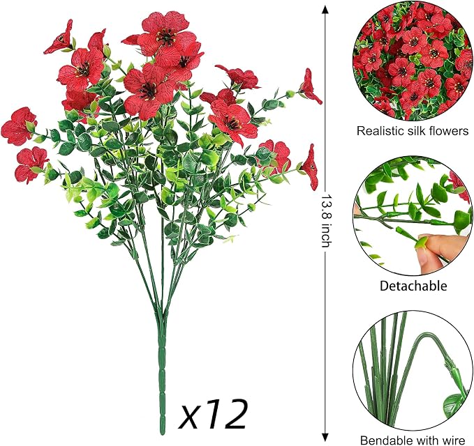 12 Pcs Artificial Flowers for Outdoors Decorations, Red | Lifelike silk flowers, UV resistant, faux plastic plants, for garden porch window table vase home indoor outdoor decor