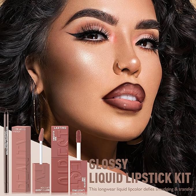 3-in-1 Lip Kit - Matte Liquid Lipstick for Women Brown Lip Liner and Gloss Set Long Lasting Lip Tint Nude Smudge Proof Highly Pigmented Lipcolor Trio Non-Stick Cup Velvet Lip Gloss Makeup