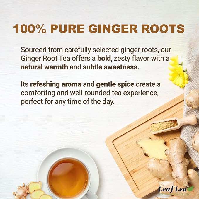 LeafLea Ginger Tea Bags, Spicy Pure Ginger Herbal Tea, 120 Count | Bold Single-Ingredient Brew, Individually Foil-Wrapped, Family Value Pack, Caffeine-Free, Gluten-Free