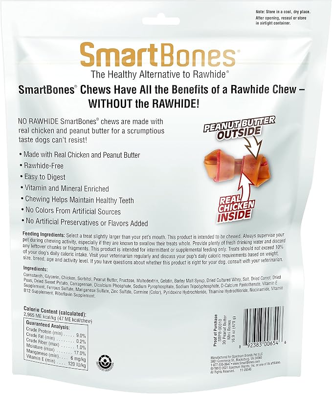 SmartBones Mini Bones Rawhide-Free Dog Treat, Real Peanut Butter, 30 Count | Easy To Digest Chew, No Artificial Preservatives or Flavors, Vitamin & Mineral Enriched, Maintains Healthy Teeth, Small Dogs