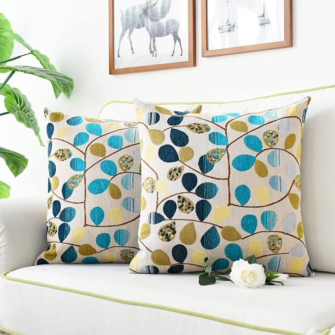CaliTime Decorative Throw Pillow Covers 16 X 16 Inches Ecru Teal Gray | Luxury Chenille Cute Leaves Cushion Case Shell for Couch Sofa Bed Living Room Home