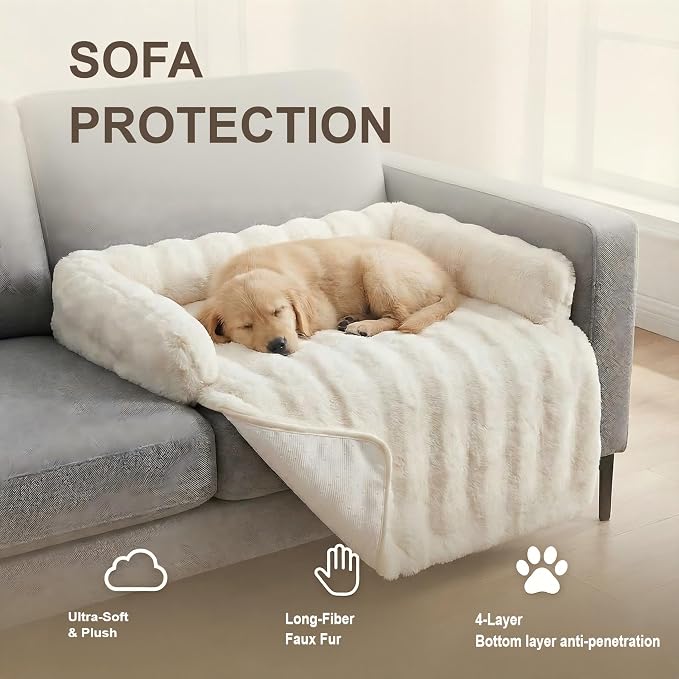 Calming Dog Bed for Couch, 29.5 x 29.5 inch, Dog Sofa Mat, Machine Washable | 3-Sided Bolster, Faux Rabbit Fur Plush, Non Slip Bottom, Water Resistant Furniture Protector for Small Medium Dogs & Cats