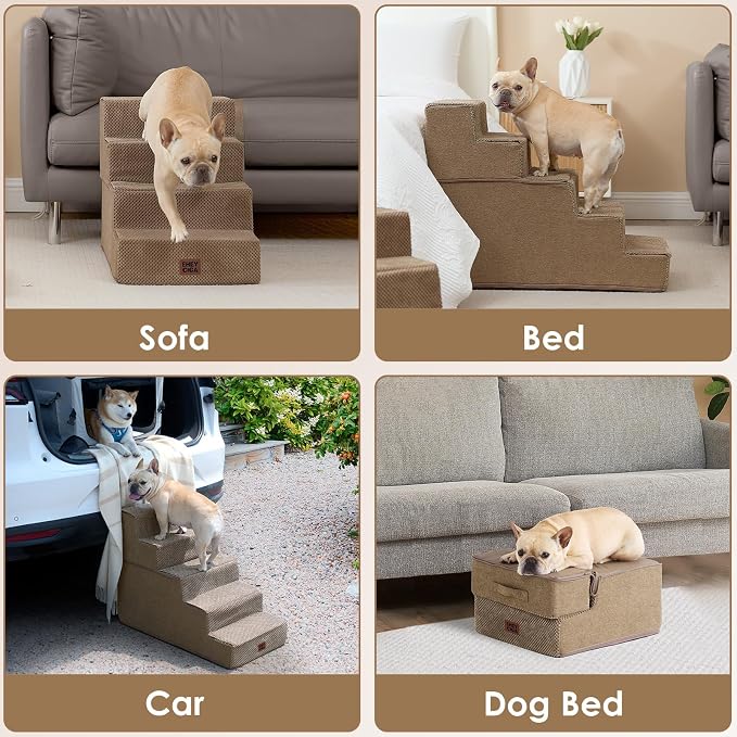 EHEYCIGA Dog Stairs for High Bed 22.5" H, 5-Step Dog Steps, Camel | Pet Steps for Small Dogs and Cats for Bed, Non-Slip Balanced Pet Ramp Indoor