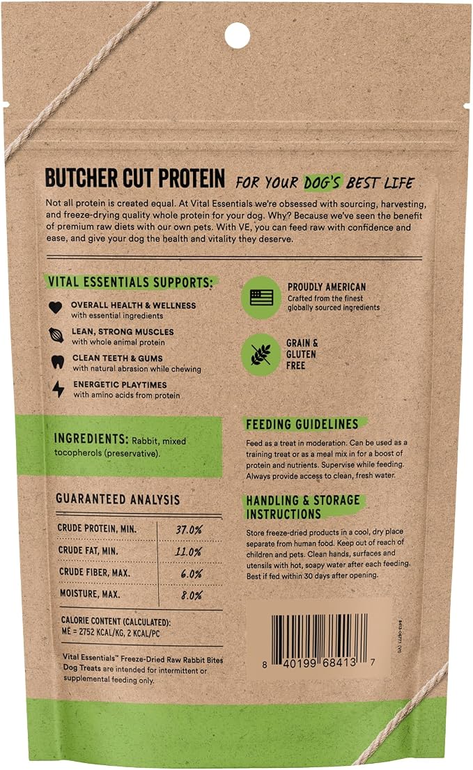 Vital Essentials Freeze Dried Dog Treats, Rabbit Bites, 2 oz Bag | Single Ingredient, Premium Quality Protein, Grain-Free Training Treats, USA Made with U.S. & Globally Sourced Ingredients
