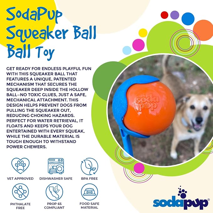 SodaPup Squeaker Ball – Durable Dog Ball Toy, Chew Toy & Floating Retrieving Toy with Squeaker Made in USA from Non-Toxic, Pet-Safe, Food Safe Rubber Material for Bonding, Physical Exercise, & More