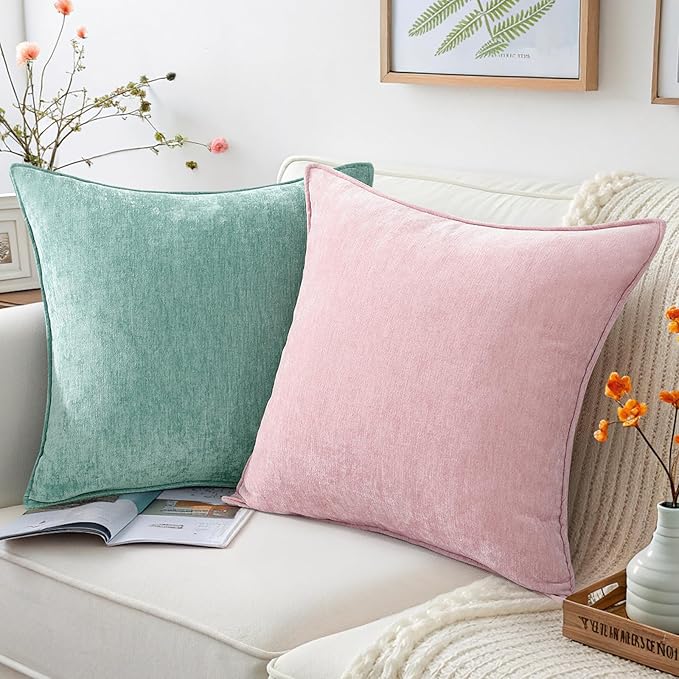 decorUhome Chenille Aqua Haze Velvet Throw Pillow Covers 22x22 Set of 2 | Fall Soft Euro Sham Couch Decorative Modern Farmhouse Pillow Cases with Elegant Design for Sofa Bed Living Room Home Decor