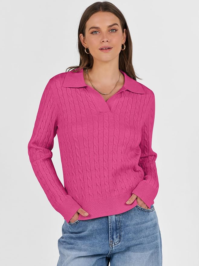 ANRABESS Womens Cable Knit Sweaters Long Sleeve V Neck | Pullover Collared Sweater Tops, Polo Knit Shirts, Business Casual Work, Tennis Golf, Fall Winter Fashion Outfits