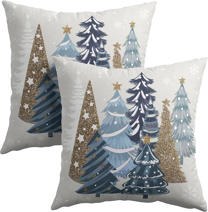 Kawani Christmas Trees Pillow Covers 20x20 Inches, Set of 2 Xmas Winter Seasonal Gold Blue Pine Tree Cotton Linen Cushion Pillowcase Farmhouse Sofa Couch Living Room Bedroom Decor