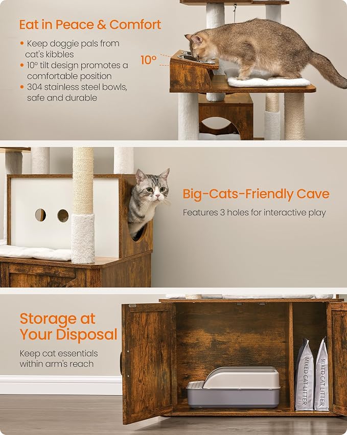 Feandrea Cat Tree, 66.9-Inch Cat Tower with Litter Box Enclosure, Large Condo with Food Station, Storage, Scratching Posts, Cave, Hammock, Washable Cushions, Rustic Brown UPCT169K01 | Large Condo with Food Station, Storage, Scratching Posts, Cave, Hamm...
