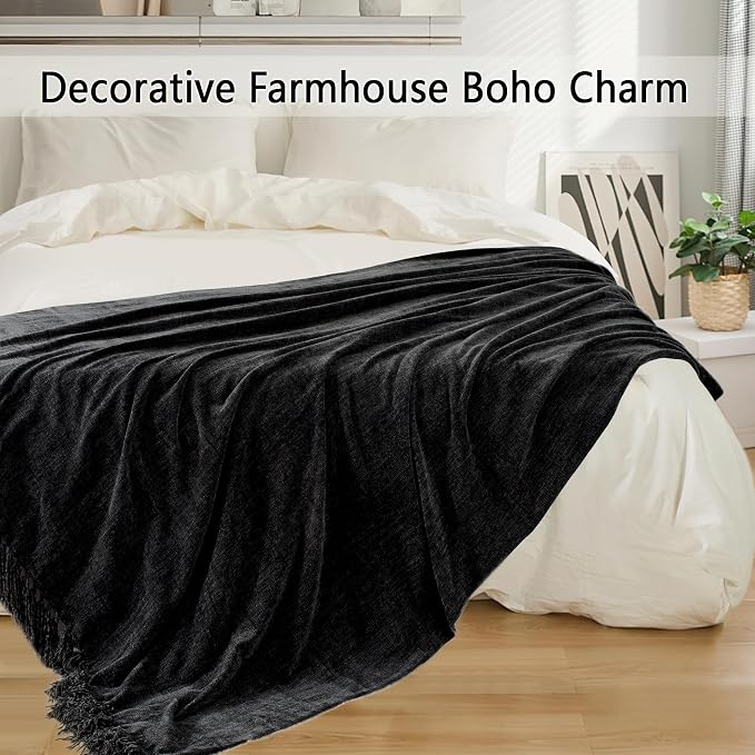 Chenille Throw Blanket for Couch 50" x 60", Black | Soft Cozy Luxury Throws with Fringe Tassel, Living Room Bed Sofa Chair Cover, Lightweight Knitted Boho Blankets Home Decor