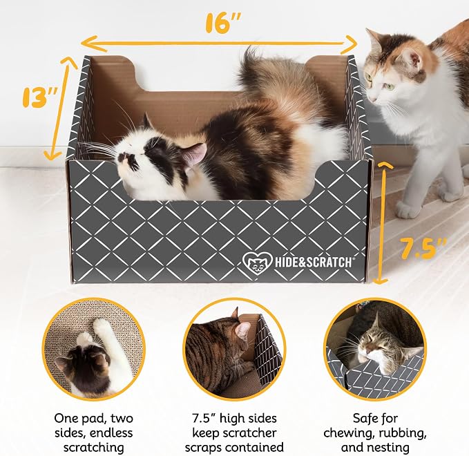 Hide & Scratch Cardboard Cat Scratcher Box & Bed Dark Grey Diamond Pad