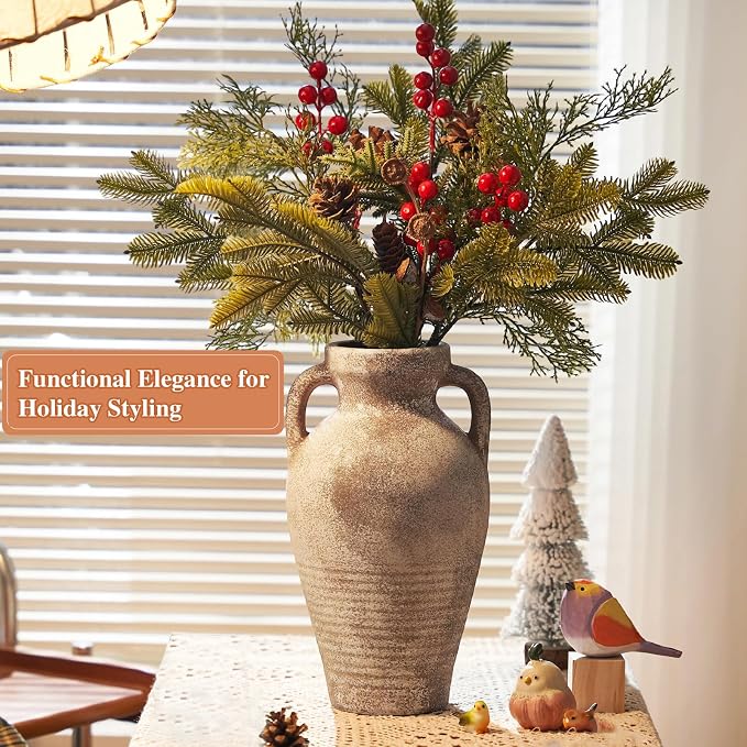 Ceramic Vase with Handles,11 inch Tall Brown Terracotta Vase | Handcrafted Rustic Farmhouse Style,Decorative Pottery Clay Vase,Home Decor,Table Centerpiece