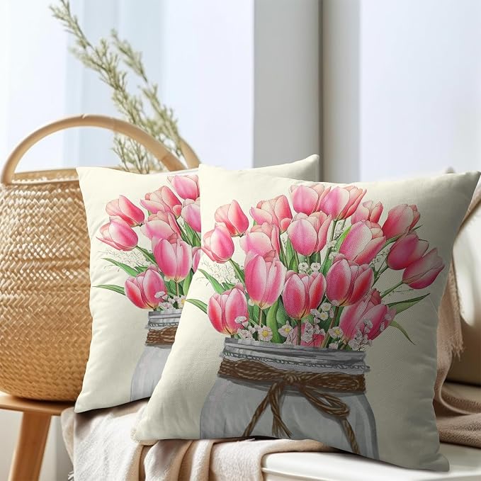 Kawani Tulip Flower Throw Pillow Covers 18x18, Set of 2 Sping Pink Floral Mason Jar Farmhouse Pillowcase Cotton Linen Square Cushion Case for Sofa Couch Living Room Bedroom Home Decor