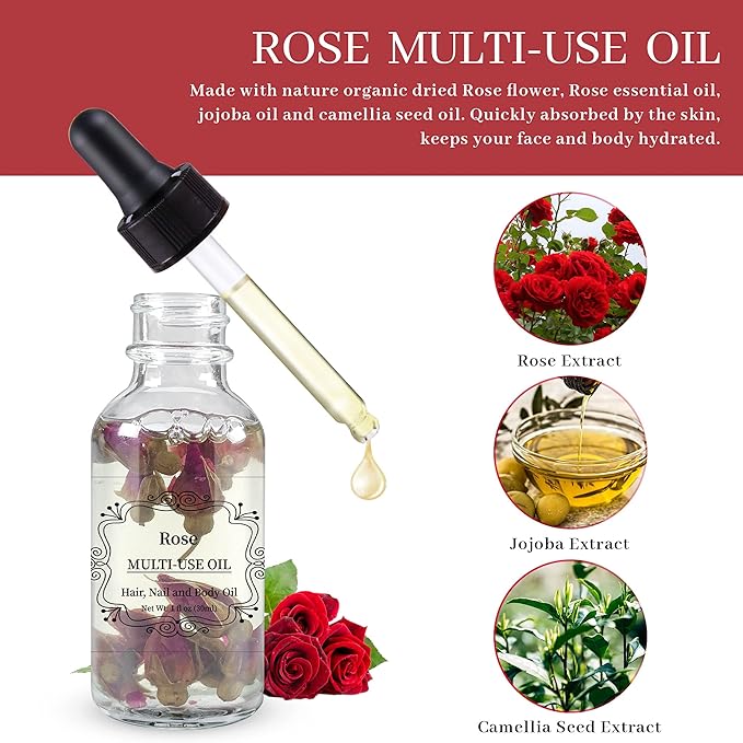 NP NATURES PHILOSOPHY Rose Multi-Use Oil, Organic Plant Fragrant Essential Oil Rose Oil for Face, Hair, Body, Nails Care and Massage - 1 Fl Oz