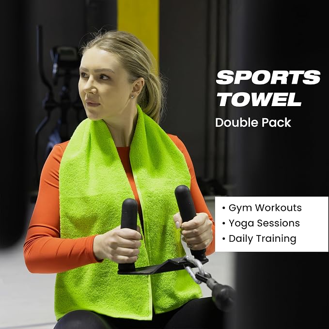 Sports Towel - Double Pack (2 Pieces), 12"x51", Lime Green, 100% Cotton - Oeko-Tex Certified, Very Absorbent and Quick-Drying, for Fitness, Gym and Yoga