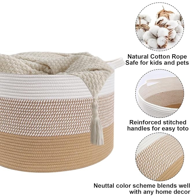 65L Large Blanket Basket, Cotton Rope Woven Laundry Basket-Yellow | Collapsible, reinforced handles, nursery storage bin organizes clothes, toys and pillows for living room, bedroom bathroom