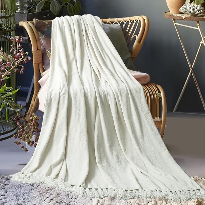 Chenille Throw Blanket for Couch 60" x 80" Twin, Ivory White | Soft Cozy Warm Throws with Fringe Tassel, for Living Room Bed Sofa Chair Cover, Lightweight Knitted Decorative Boho Blankets