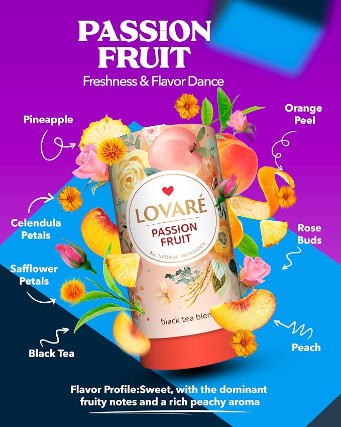 LOVARE Passion Fruit Loose Leaf Tea 80 g - Made in Ukraine - Black Tea, Orange Peel, Rosebuds, Calendula Petals, Safflower Petals, Pineapple, Peach with 15 Paper Filters (Passion Fruit)