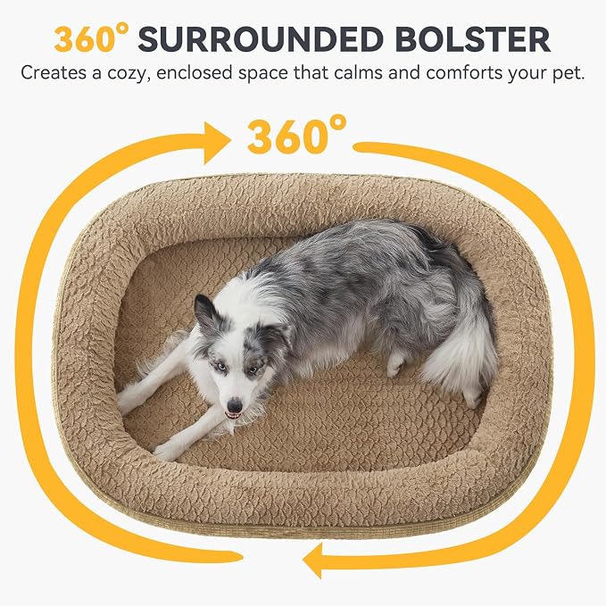 JOEJOY Orthopedic Dog Bed for Extra Large Dogs, XXL Egg-Crate Memory Foam Pet Bed with Bolster Sides, Waterproof Lining, Removable Washable Cover & Non-Slip Bottom, Light Brown