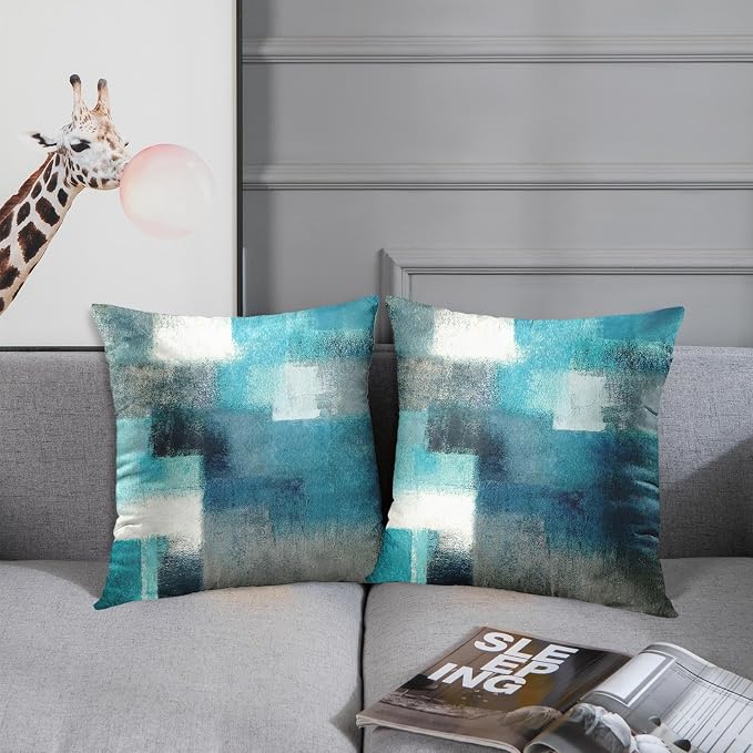 Emvency Throw Pillow Covers Set of 2, 20 x 20 Inch, Turquoise White Gray | Abstract Modern Painting Outdoor Decorative Square Pillow Cases Couch Cushion Case for Couch Bed Sofa Living Room Home Decor