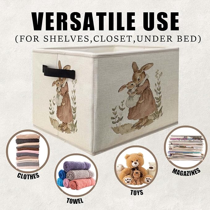 Vintage Bunny Storage Bins Basket, Toybox for Girls Room, Retro Rabbit Mom and Baby Collapsible Fabric Storage Box Organizer for Bedroom Bathroom Clothes Books Toys