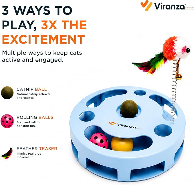 4 Interactive Cat Toy with Catnip Ball, Dual Rolling Balls & Feather Teaser