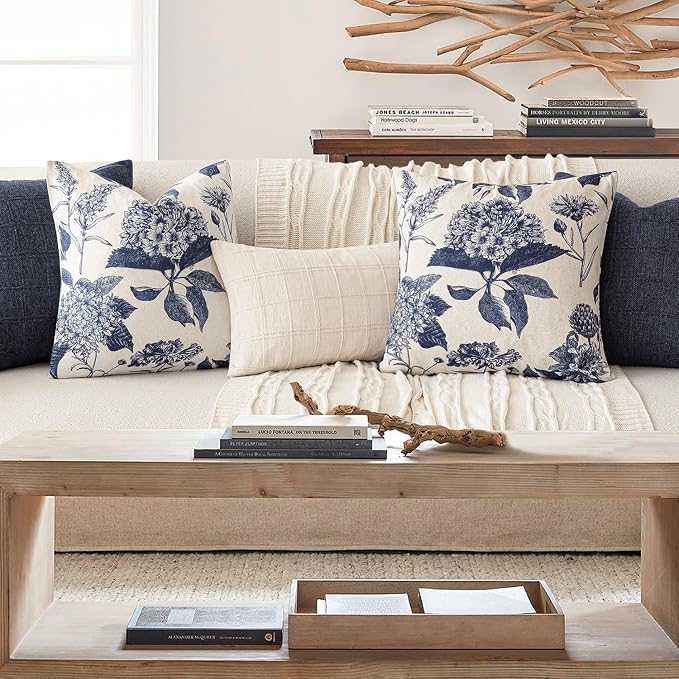 Foindtower Set of 2 Linen Floral Vintage Throw Pillow Covers Neutral Accent Print Decorative Cozy Cushion Covers Farmhouse Boho Home Decor for Sofa Chair Couch Bed Living Room,22×22 Inch,Navy Blue