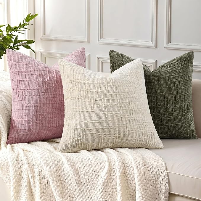decorUhome Textured Chenille Throw Pillow Covers 22x22 Set of 2 Blush Pink | Fall Modern Farmhouse Soft Cozy Slubby Couch Pillow Cases Boho Decorative Pillow Cases for Bed Sofa Living Room Home Decor