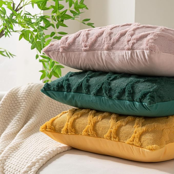 Set of 2 Soft Moroccan Throw Pillow Covers 16x16 Inch Plush Boho Decorative Pillow Cover Accent Cushion Case for Couch Sofa Bed, Dark Green