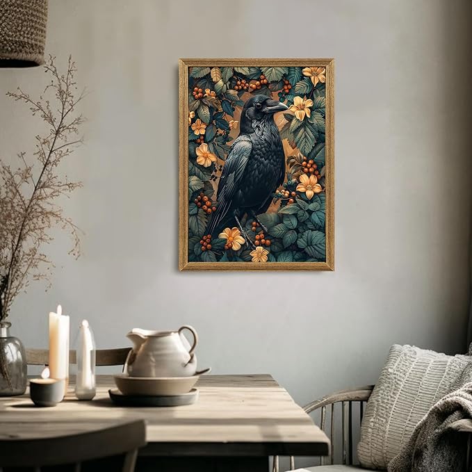 ICHZUMW Framed William Morris Raven Dark Academia Canvas Wall Art 16x24 In | Gothic Dark Cottagecore Crow Painting, Moody Floral Wall Decor for Bedroom Living Room Bathroom Office, Ready to Hang