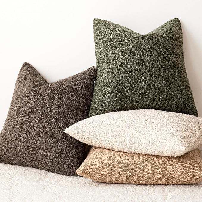 Foindtower Set of 2, Decorative Textured Boucle Throw Pillow Covers Accent Solid Pillow Cases Neutral Soft Cozy Couch Cushion Case for Chair Sofa Bedroom Living Room Home Decor 24x24 Inch Moss Green