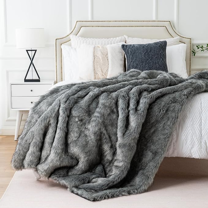 BATTILO Luxury Silver Grey Faux Fur Throw Blanket for Couch, 50"x60", Thick | Soft Cozy Plush Warm Elegant Furry Fluffy Faux Fur Blanket for Bed, Sofa, Living Room, Long Pile with Black Tips