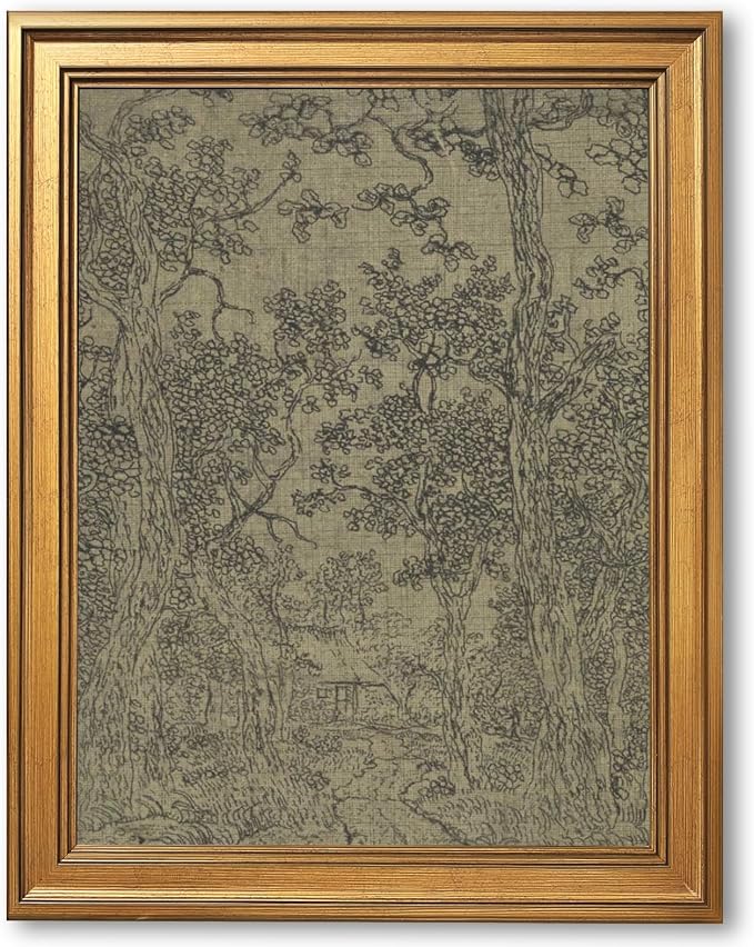Gold Framed Antique Textile Landscape Sketch Wall Art Painting Moody Vintage Drawing Print Rustic Old-World Picture Poster Neutral Canvas Artwork for Living Room Study Entryway Home Decor 8x10inch