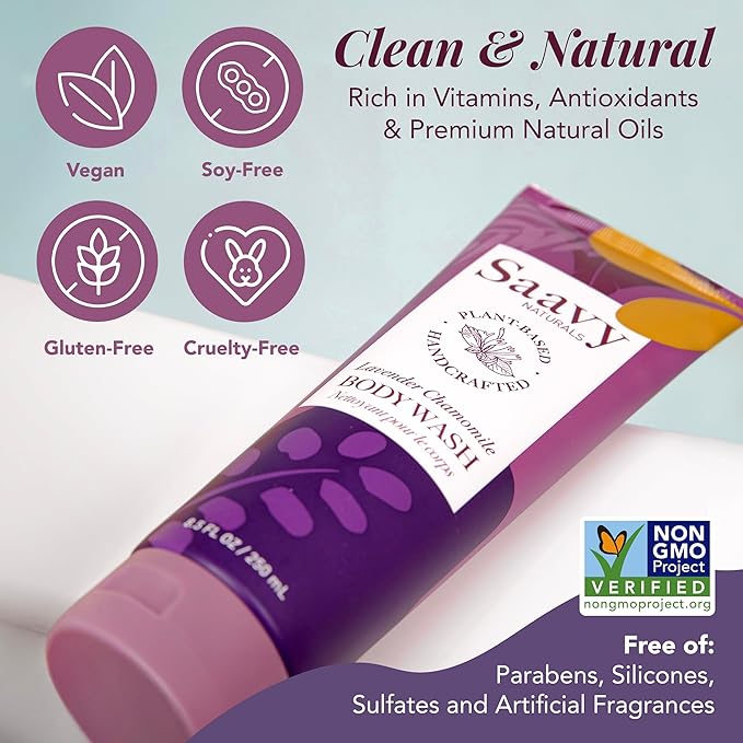 Saavy Naturals Body Wash Lavender Chamomile Plant-Based Ingredients| Made In USA | Sensitive Skin Body Washl Organic Formula With Coconut Oil, Shea Butter, And Aloe Vera - 8.5 Fl Oz, 2 Pack