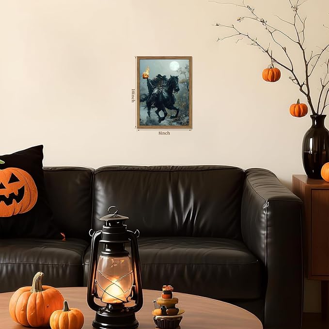 Vintage Framed Halloween Wall Art, Gothic Headless Horseman Pumpkin Picture Poster, Spooky Fall Forest Canvas Prints, Dark Academia Halloween Wall Decor for Living Room Bedroom 8x10 inch