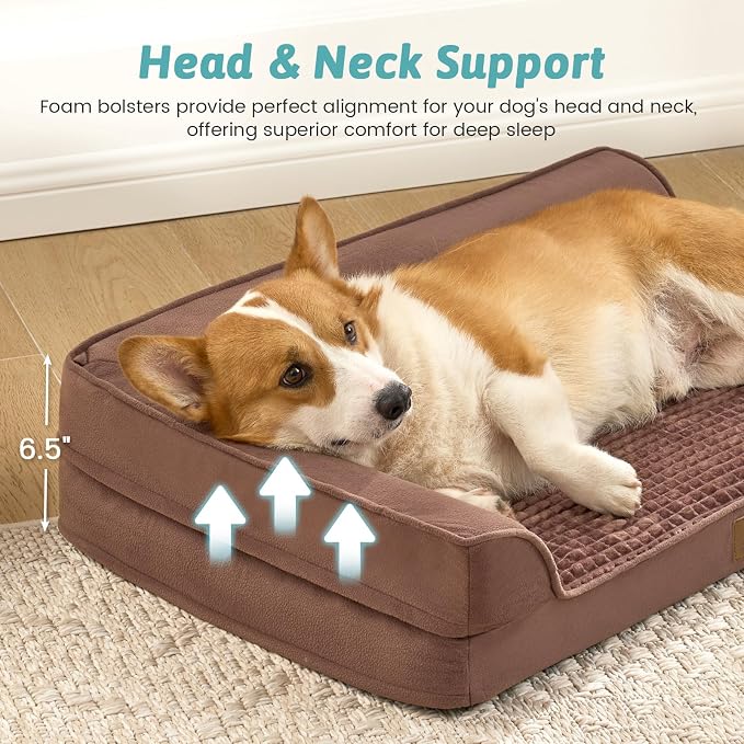 COZY KISS Orthopedic Dog Bed for Medium Small Size Dogs, L Shaped 30x20 in | Non-Slip Bottom Soft Pet Sofa with Washable Removable Waterproof Cover, Egg-Crate Foam Couch with Portable Handle, Brown