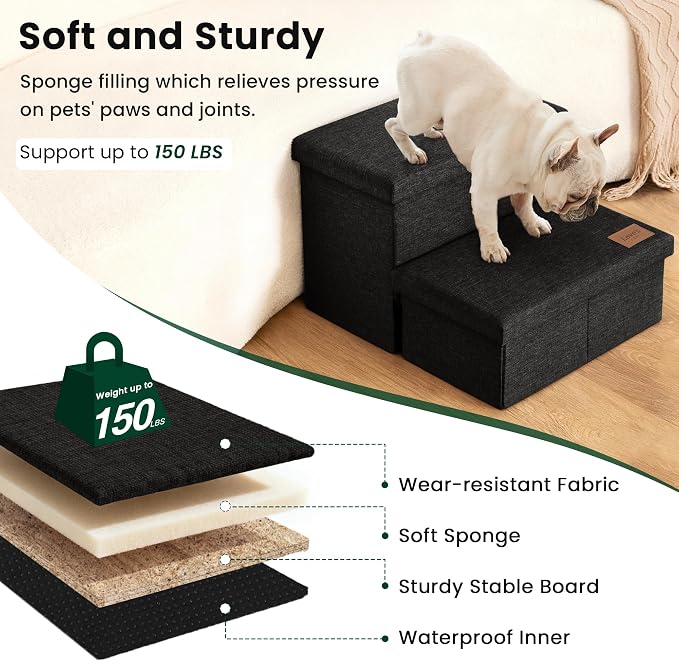 Love's cabin Dog Stairs for High Bed, Foldable Pet Stairs for Small Medium or Large Dogs Puppy with Storage for Bed or Couch, Cat Dog Steps Ramp with Zip up to 200 lbs, Black, 2 Steps