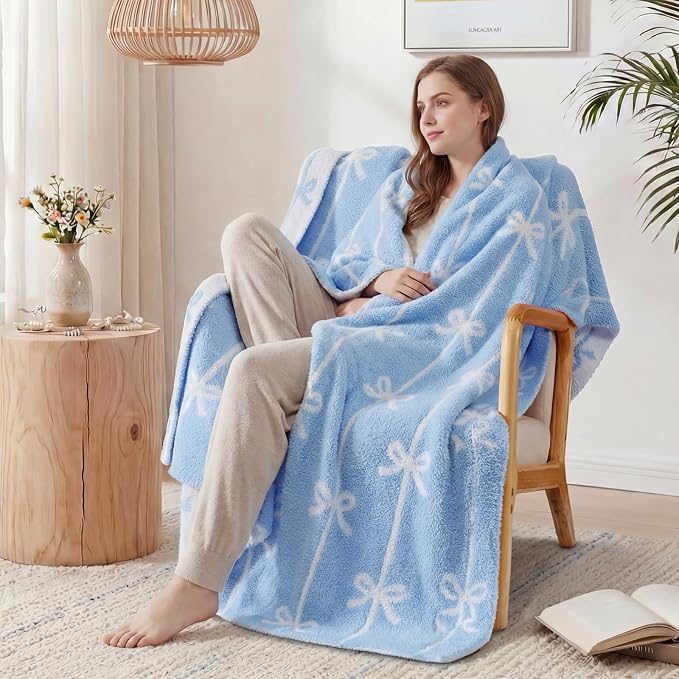 Soft Throw Blanket for Couch-Cozy Reversible Knitted Blankets | Lightweight Warm Fluffy Decor for Women, Mom, Her & Girls, Sofa, Chair, Bed, 50x60in, Blue Bow