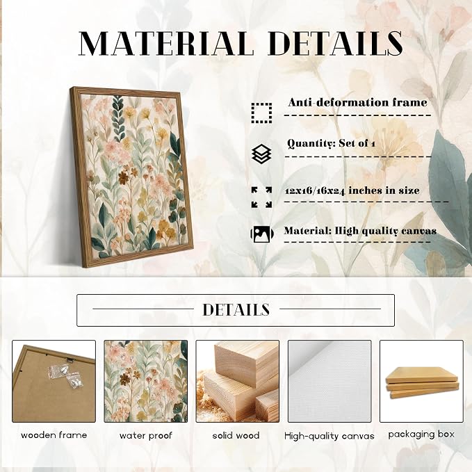 Framed Boho Floral Wall Art, Neutral Botanical Wildflower Canvas Wall Decor Painting, Vintage Flower Poster Print Picture for Living Room Bathroom Bedroom 12x16 Inch
