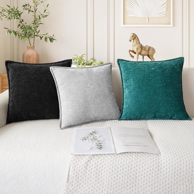 CaliTime Decorative Couch Throw Pillow Covers 18 X 18 Inches Black | Pack of 2, Cozy Chenille Cushion Cases, Cotton Thread Stitching Edges, for Sofa Bed Living Room Farmhouse