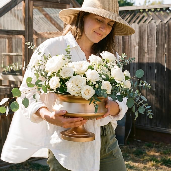 WORTH 8" H. Gold Color Urn Vase for Centerpieces, 11.8" Dia. Classic Metal Trumpet Small Flower Pot for Table, Bowl Vase for Wedding Party Event Home Decor, Smooth, Non-Aged Finish